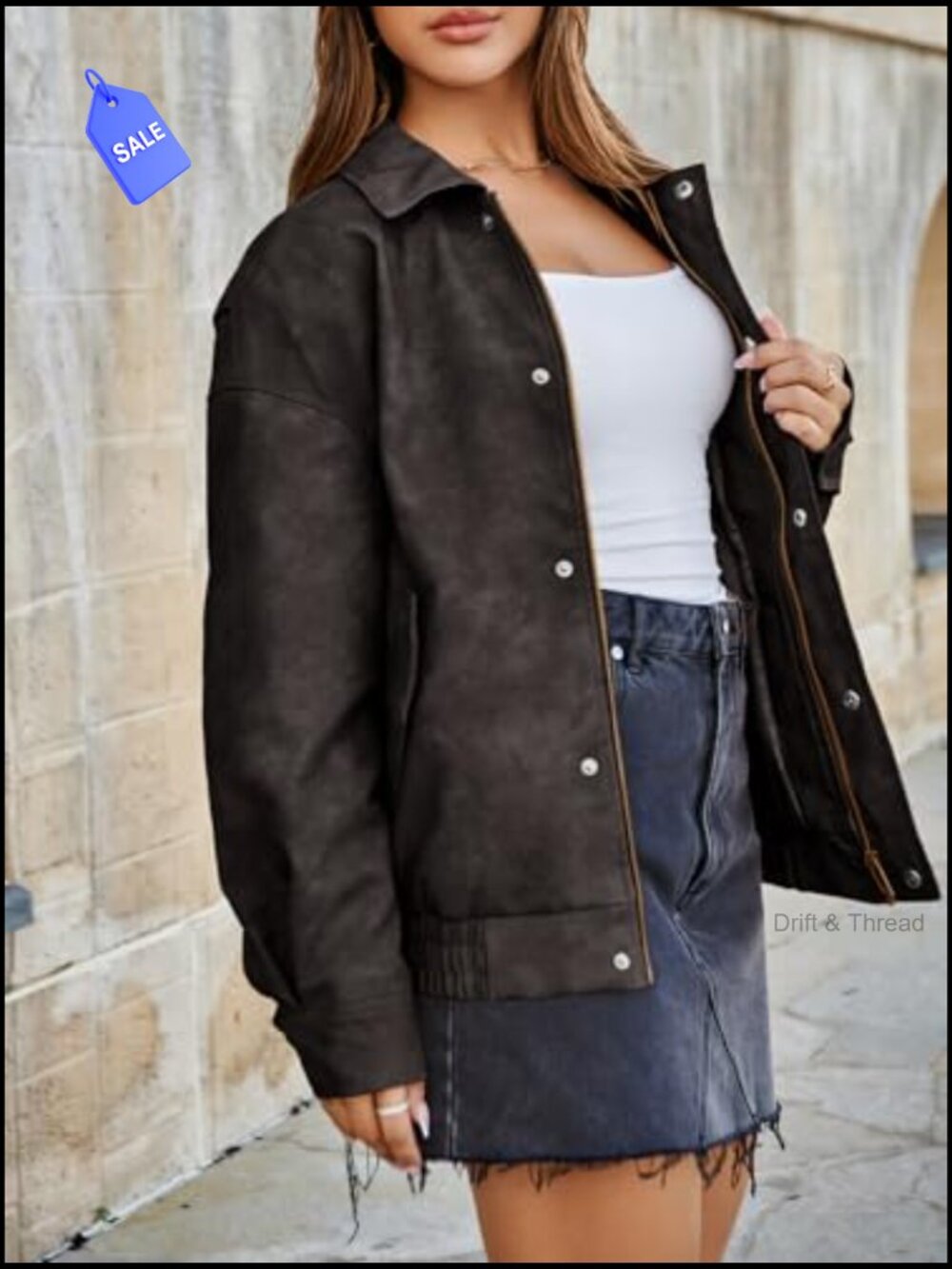 Oversized Faux Leather Bomber Jacket Trendy Zip Up Moto Coat - Picture 4 of 7